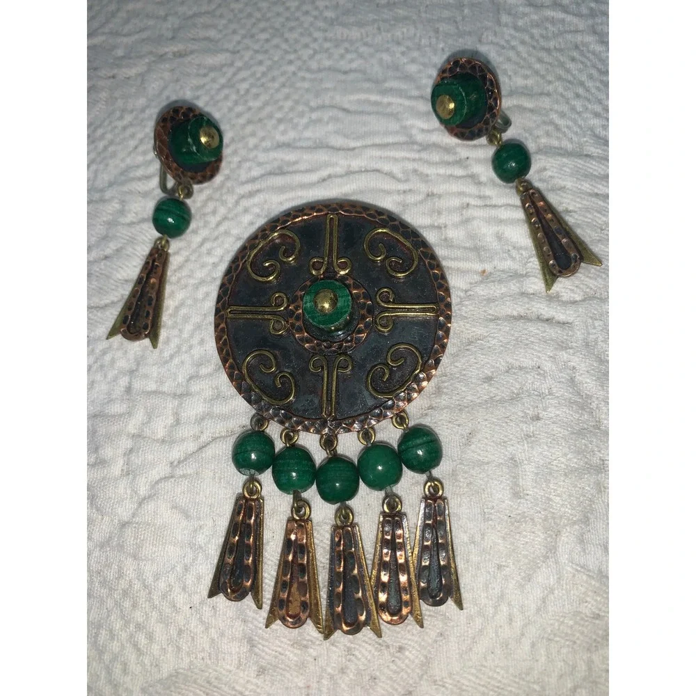 Vintage Mexico Mixed Metal Copper Malachite Brooch Pendant and Earrings Set‎